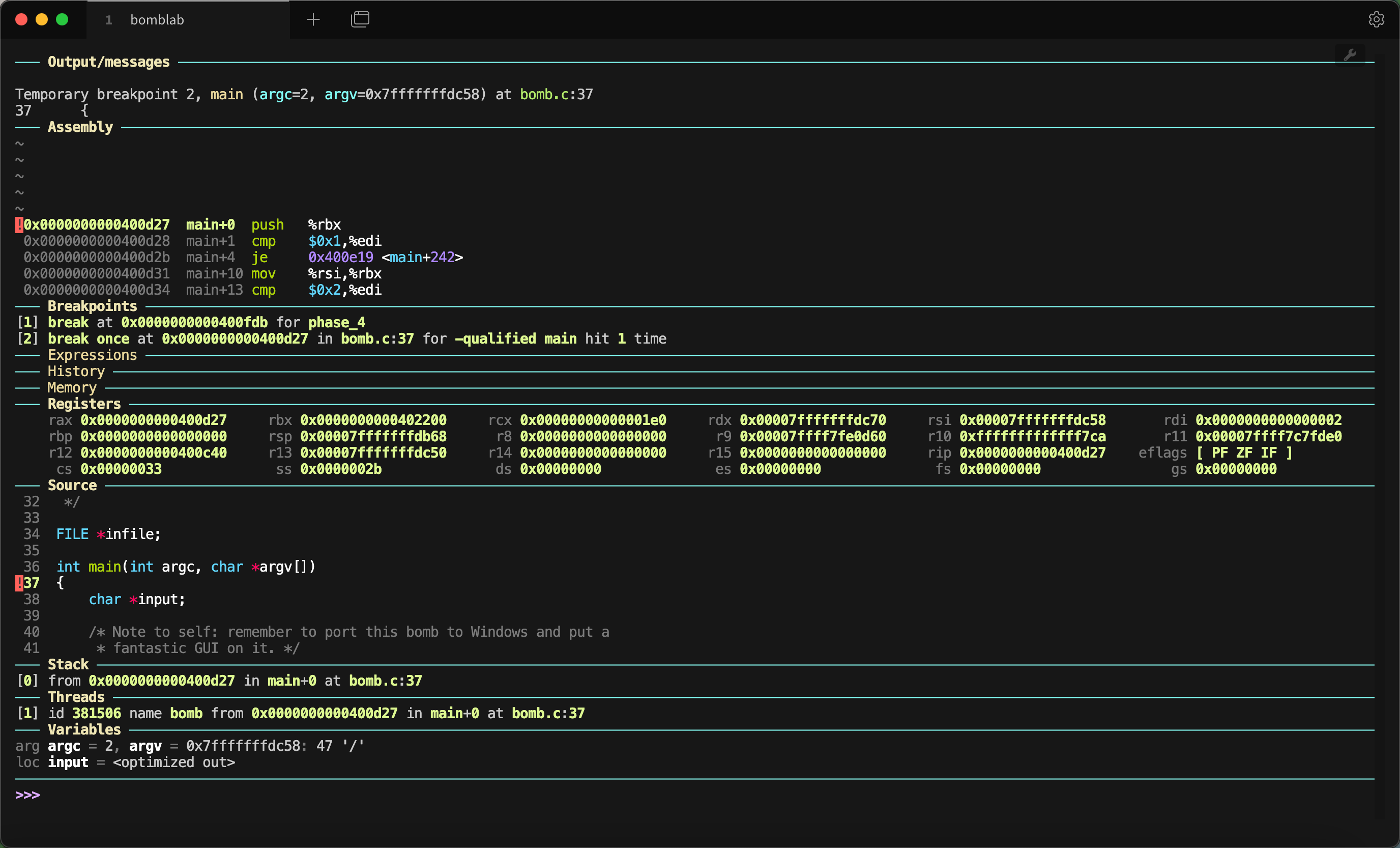 默认GDB dashboard界面